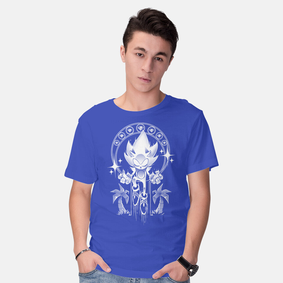 Model wearing royal blue Seven Chaos – Gaming Graphic T-Shirt