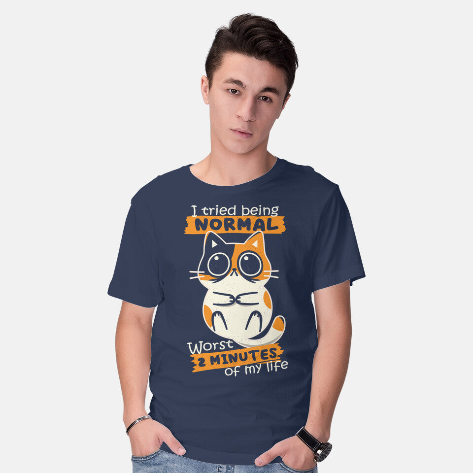 Model wearing navy Normal To Worst – Cat Graphic T-Shirt
