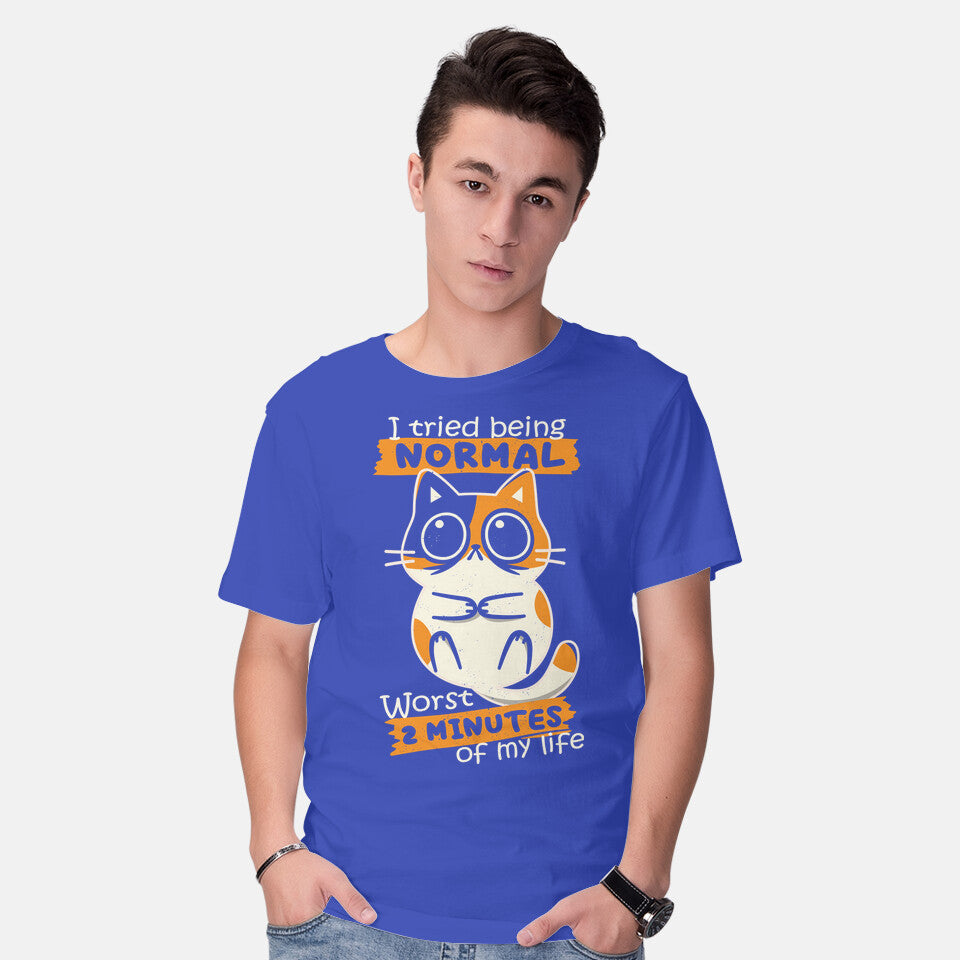 Model wearing royal blue Normal To Worst – Cat Graphic T-Shirt