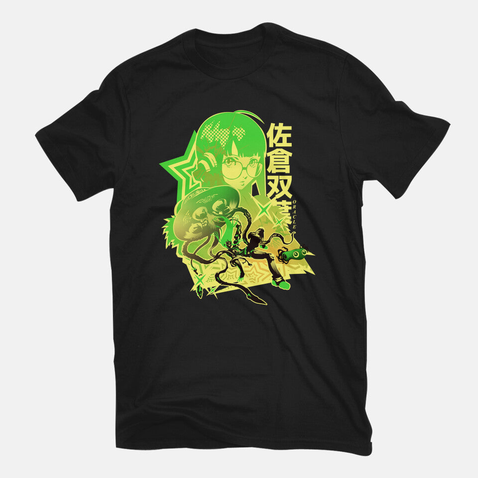 Code Name Oracle – Anime Graphic T-Shirt in black, flat-lay product view