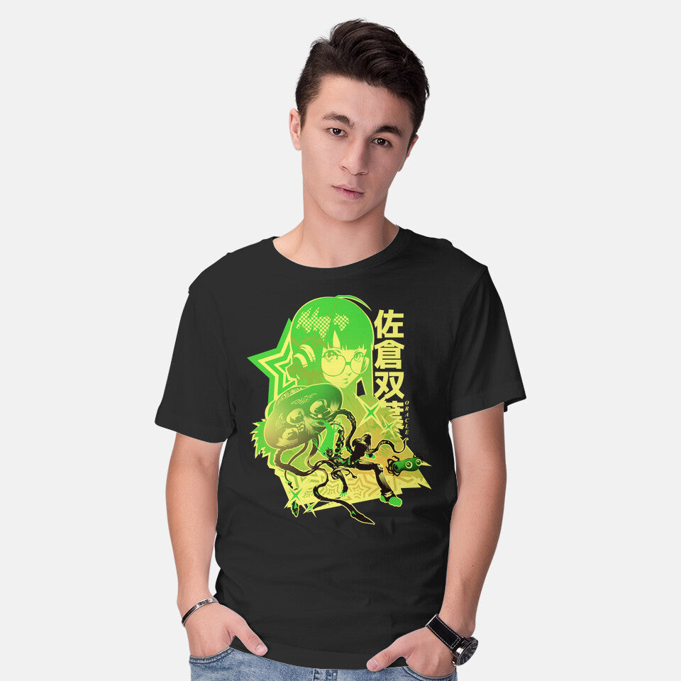 Model wearing black Code Name Oracle – Anime Graphic T-Shirt