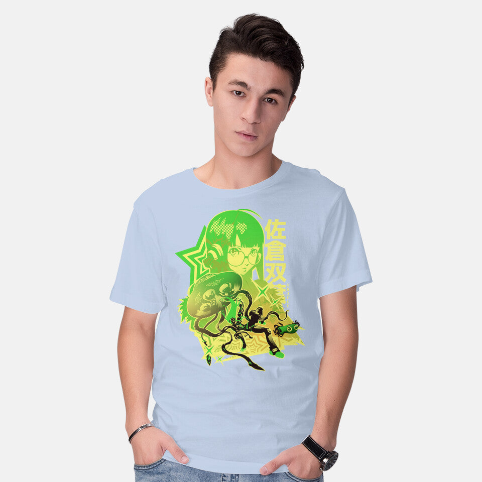Model wearing blue Code Name Oracle – Anime Graphic T-Shirt