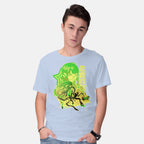 Model wearing blue Code Name Oracle – Anime Graphic T-Shirt