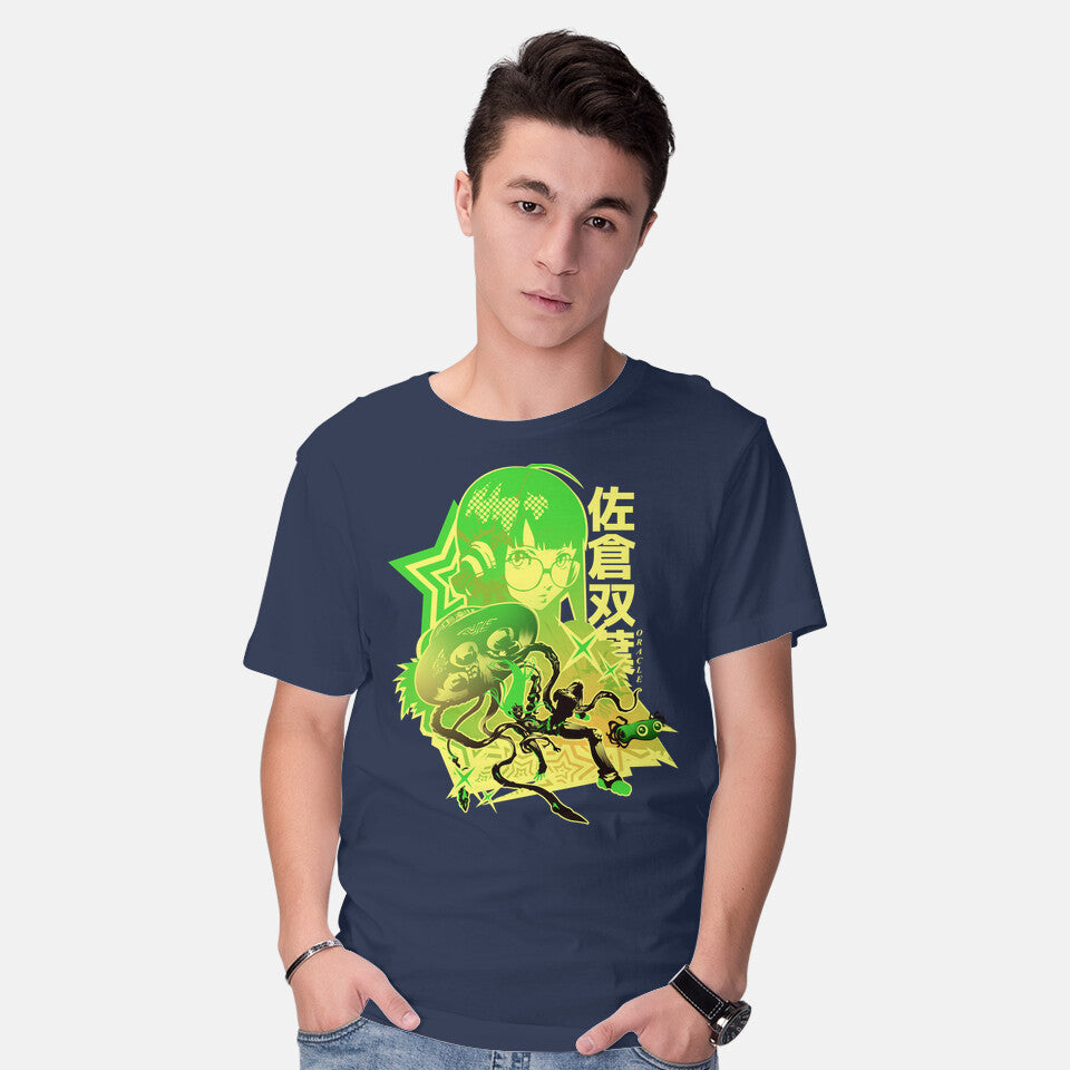 Model wearing navy Code Name Oracle – Anime Graphic T-Shirt