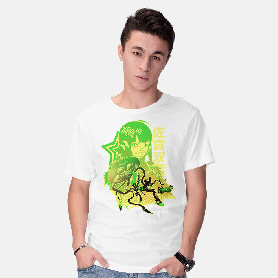 Model wearing white Code Name Oracle – Anime Graphic T-Shirt