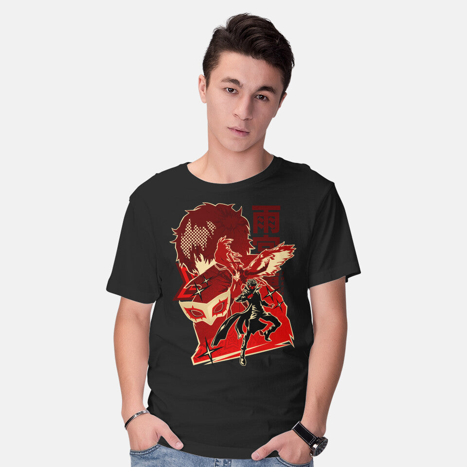 Model wearing black Code Name Joker – Anime Graphic T-Shirt