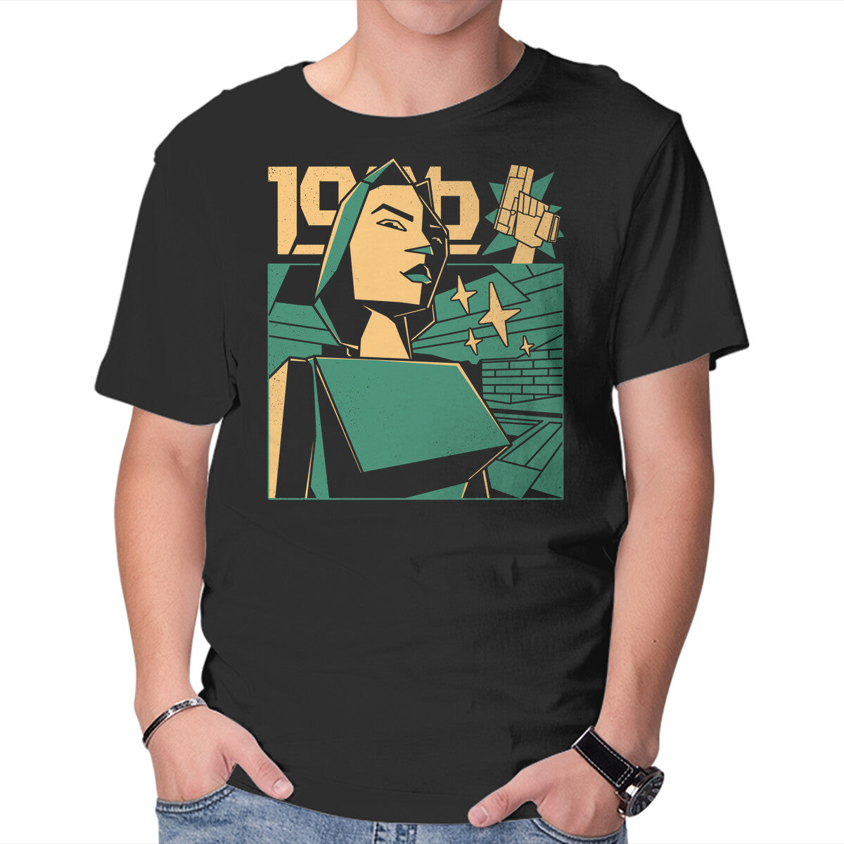 Polygonal Archeologist – Gaming Graphic T-Shirt in black, product display