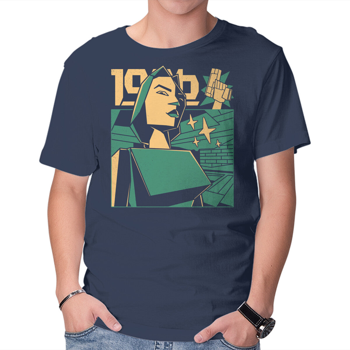 Polygonal Archeologist – Gaming Graphic T-Shirt in navy, product display