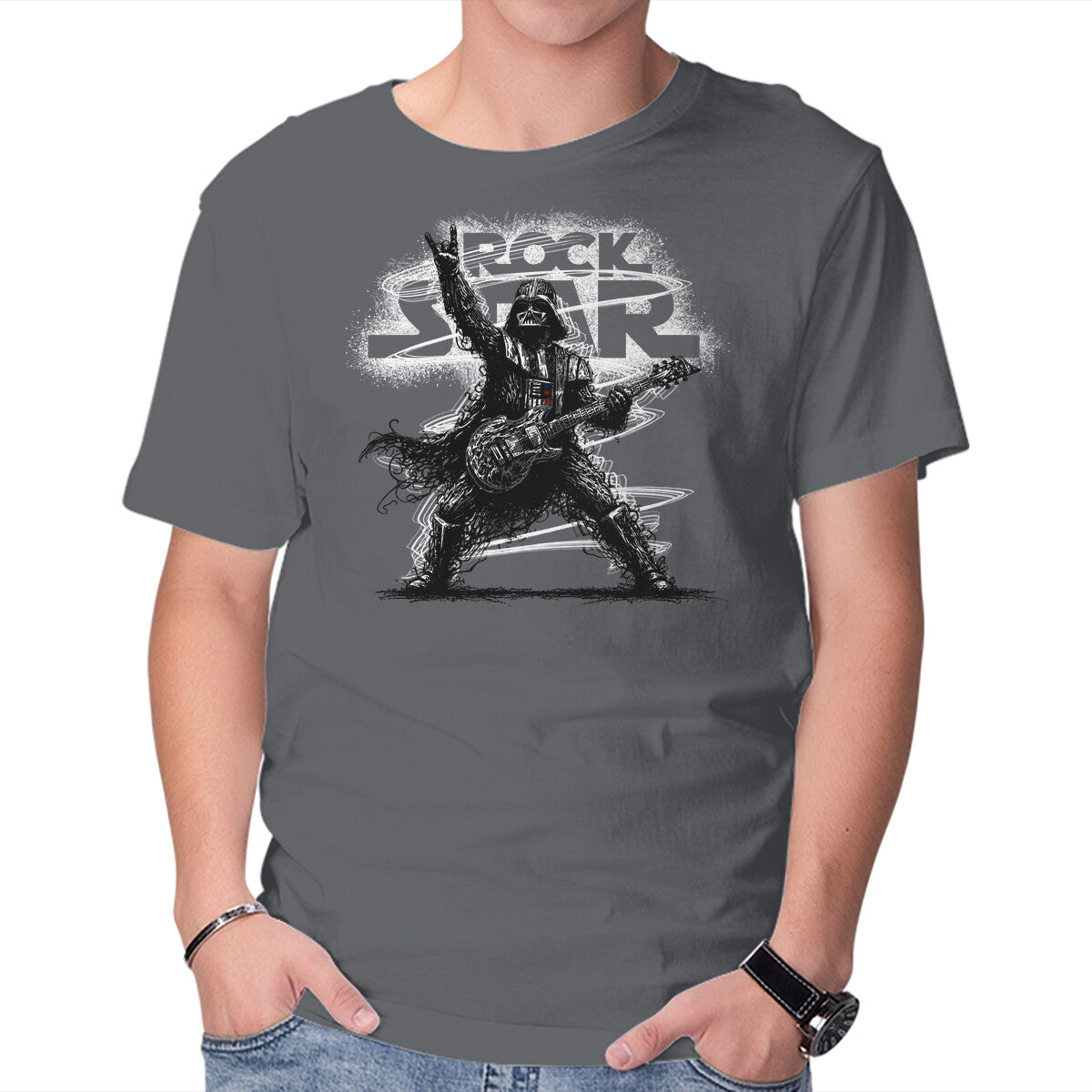 Rock Star Vader – Sci-Fi Graphic T-Shirt in charcoal, product display