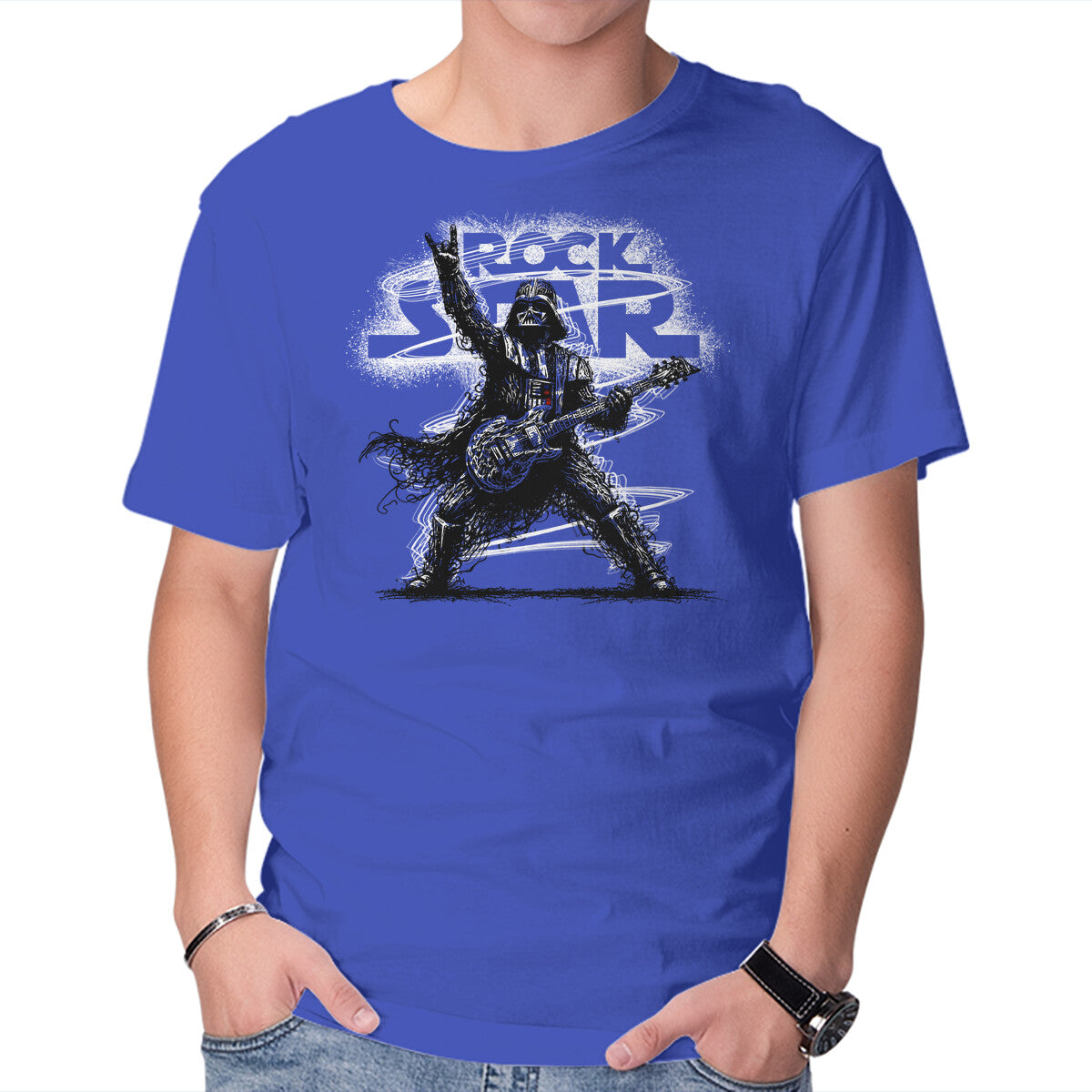 Rock Star Vader – Sci-Fi Graphic T-Shirt in royal blue, product display
