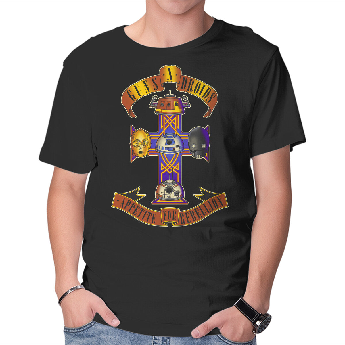 Guns N Droids – Sci-Fi Graphic T-Shirt in black, product display