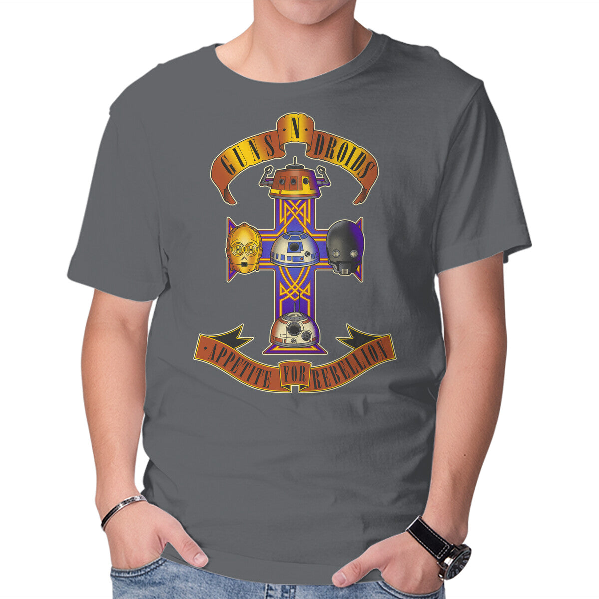 Guns N Droids – Sci-Fi Graphic T-Shirt in charcoal, product display