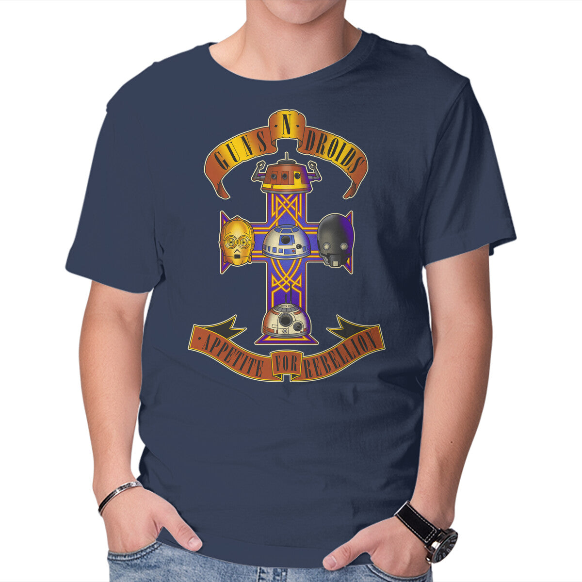 Guns N Droids – Sci-Fi Graphic T-Shirt in navy, product display