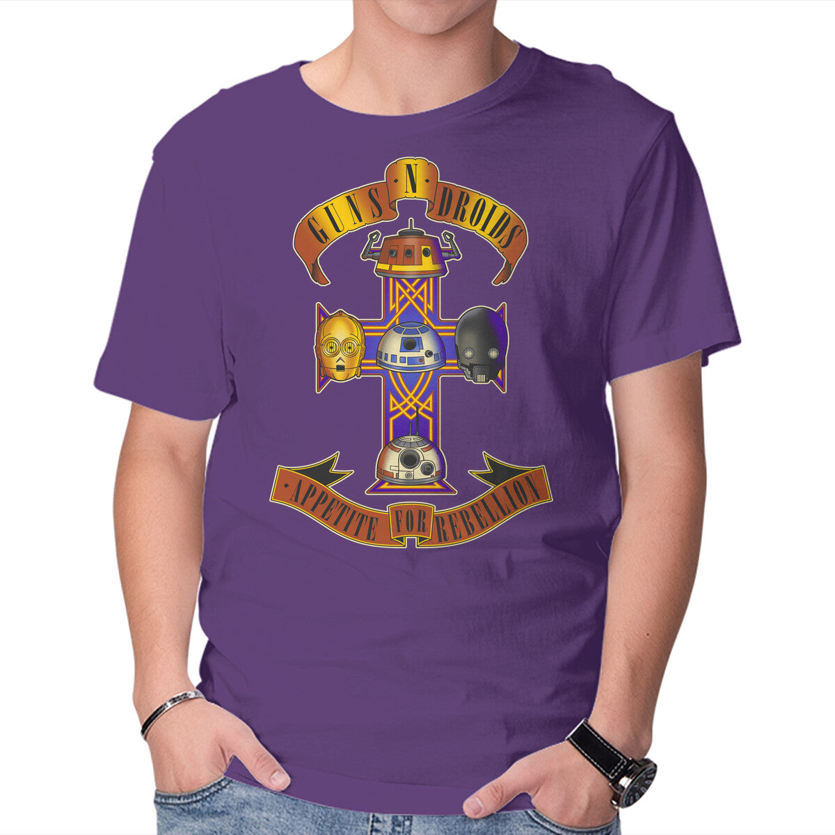 Guns N Droids – Sci-Fi Graphic T-Shirt in purple, product display