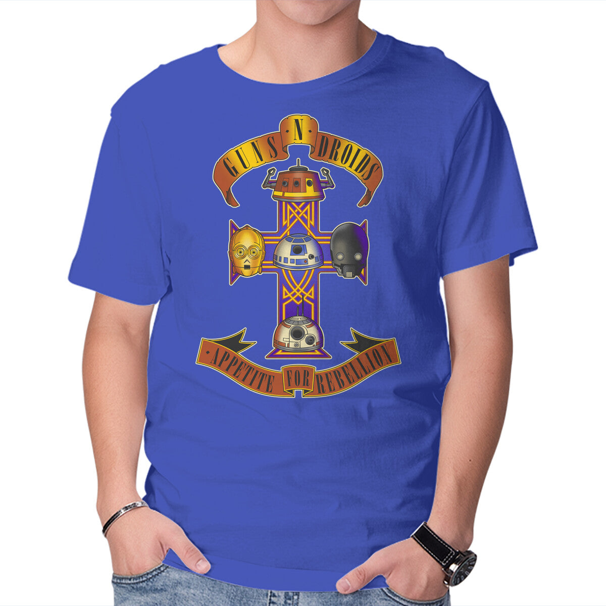Guns N Droids – Sci-Fi Graphic T-Shirt in royal blue, product display