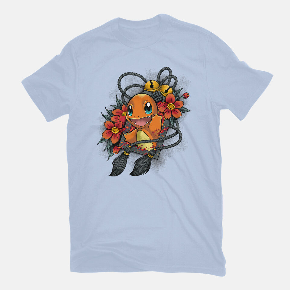 Flame Charm – Anime Graphic T-Shirt in blue, flat-lay product view