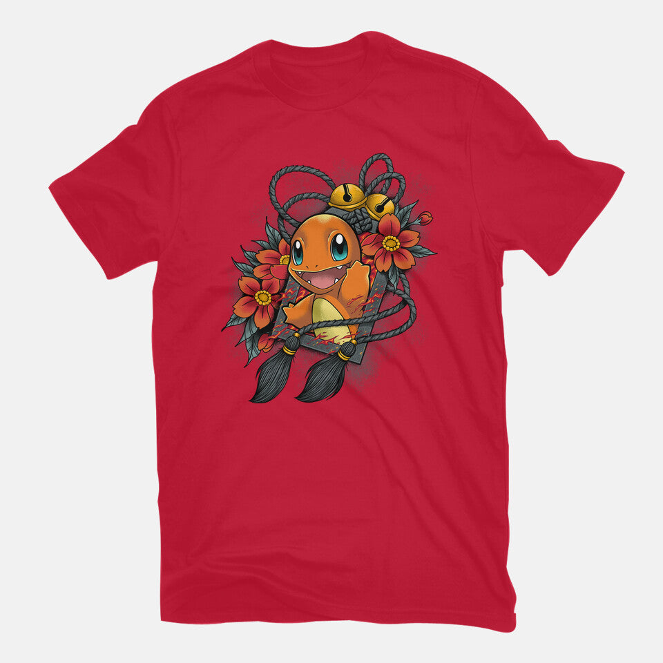 Flame Charm – Anime Graphic T-Shirt in red, flat-lay product view