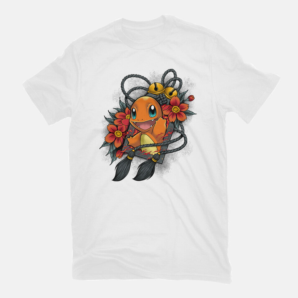 Flame Charm – Anime Graphic T-Shirt in white, flat-lay product view