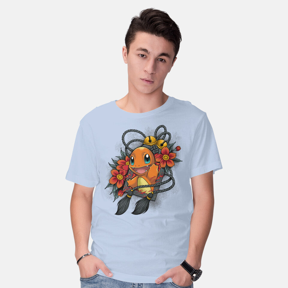 Model wearing blue Flame Charm – Anime Graphic T-Shirt