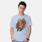 Model wearing blue Flame Charm – Anime Graphic T-Shirt