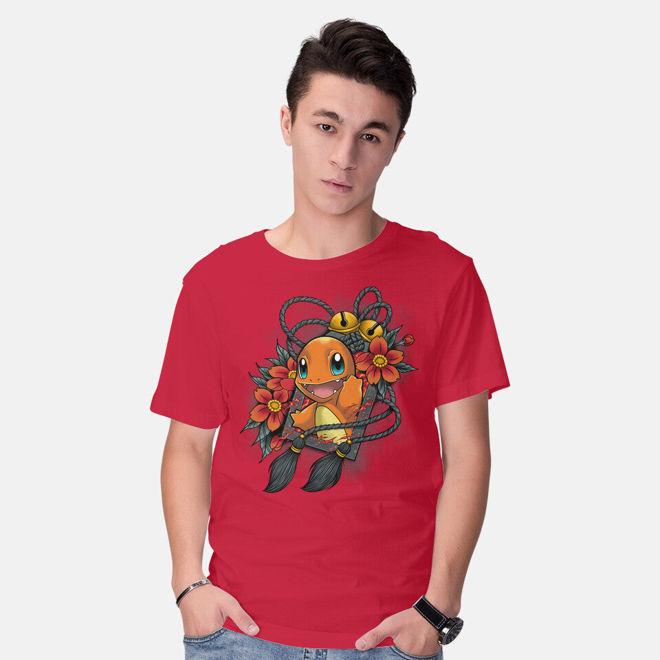 Model wearing red Flame Charm – Anime Graphic T-Shirt