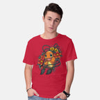 Model wearing red Flame Charm – Anime Graphic T-Shirt