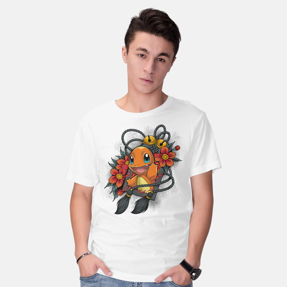 Model wearing white Flame Charm – Anime Graphic T-Shirt