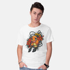 Model wearing white Flame Charm – Anime Graphic T-Shirt
