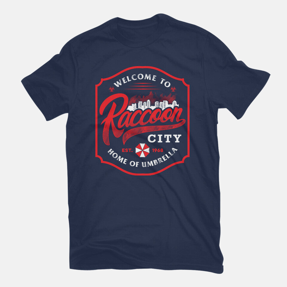 Raccoon City – Halloween Graphic T-Shirt in navy, flat-lay product view