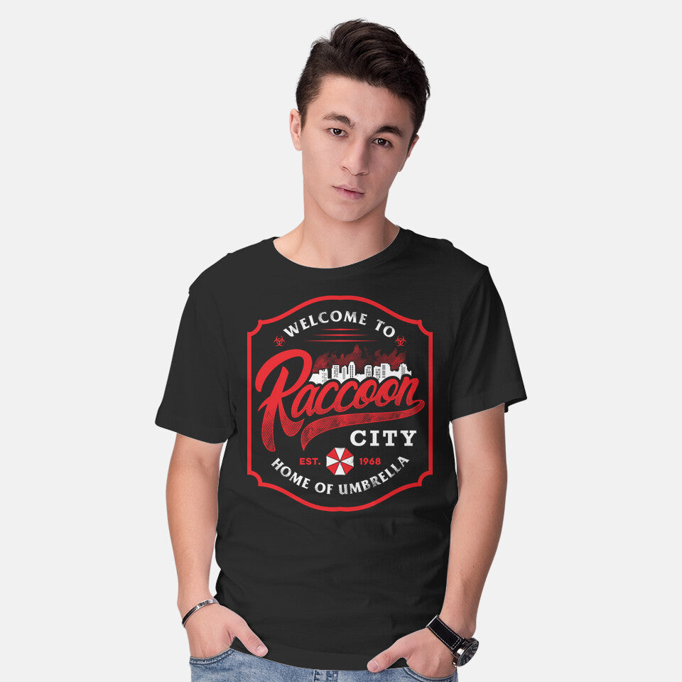 Model wearing black Raccoon City – Halloween Graphic T-Shirt