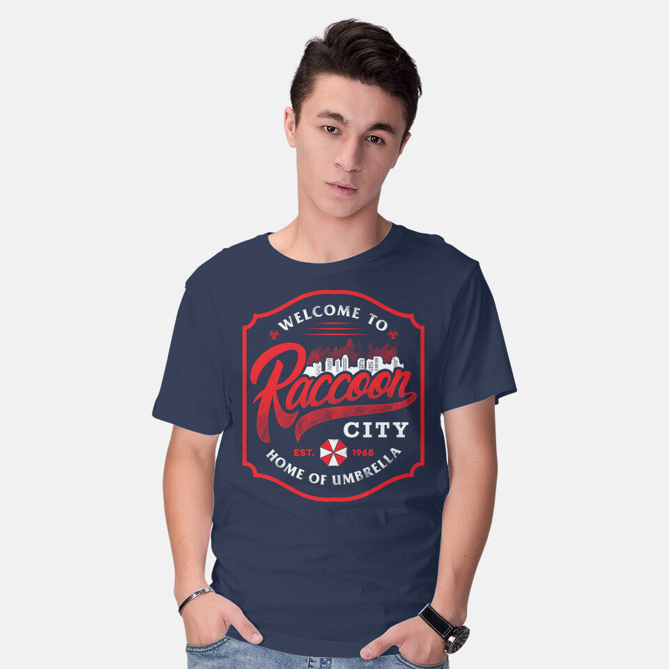 Model wearing navy Raccoon City – Halloween Graphic T-Shirt