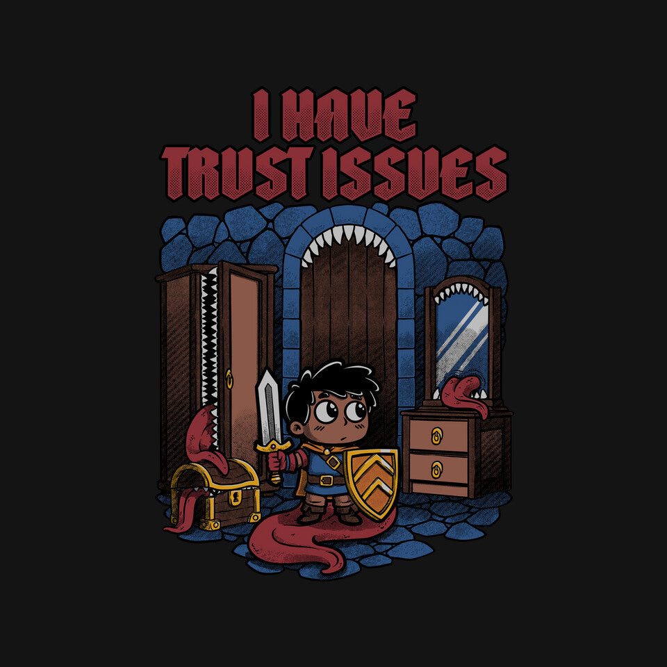 RPG Trust Issues – Gaming Graphic T-Shirt design artwork for black graphic T-shirt