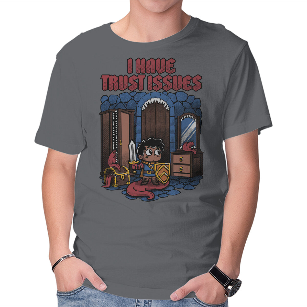 RPG Trust Issues – Gaming Graphic T-Shirt in charcoal, product display