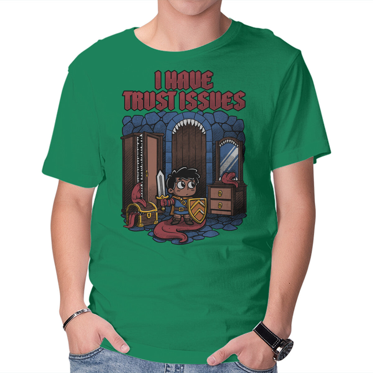 RPG Trust Issues – Gaming Graphic T-Shirt in green, product display