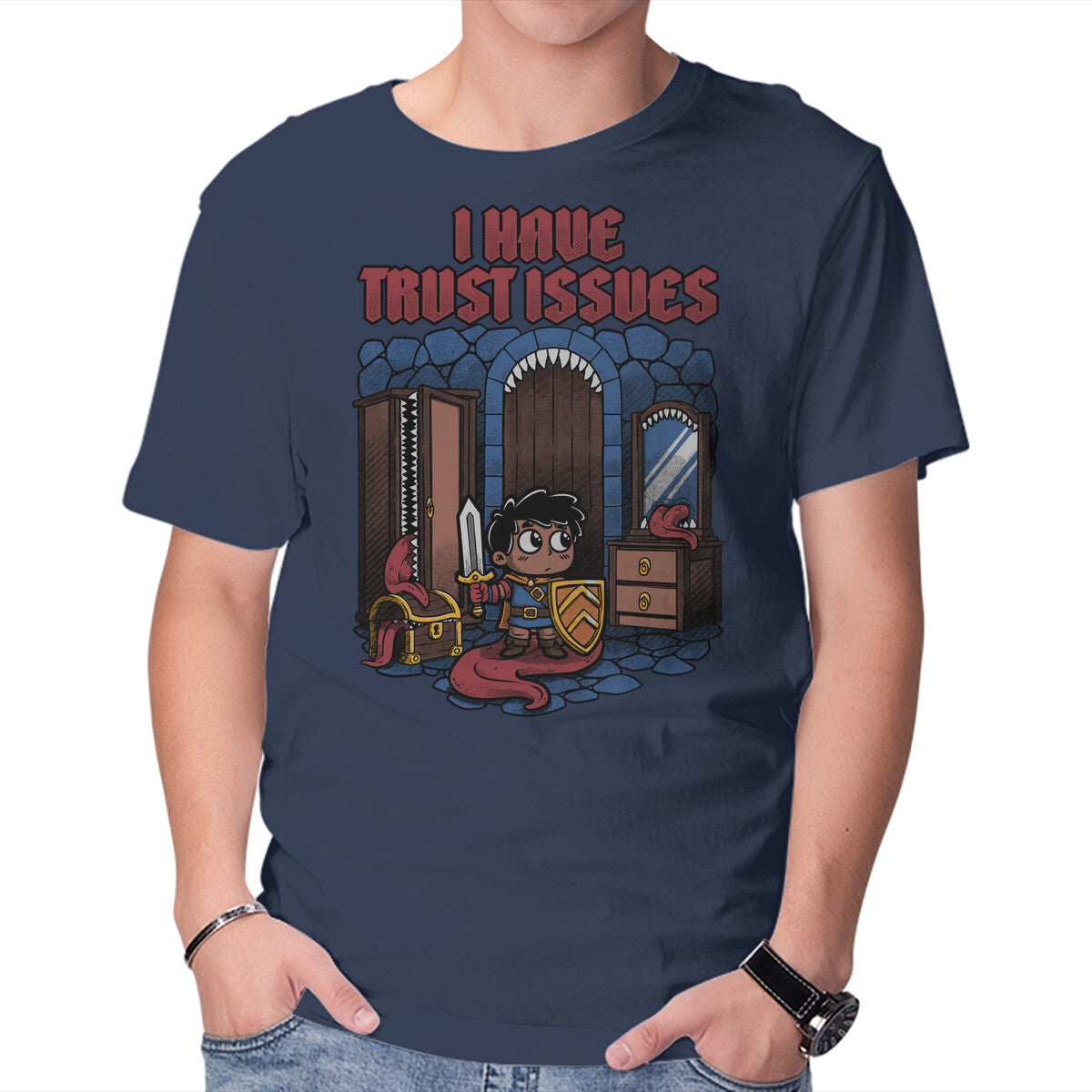 RPG Trust Issues – Gaming Graphic T-Shirt in navy, product display