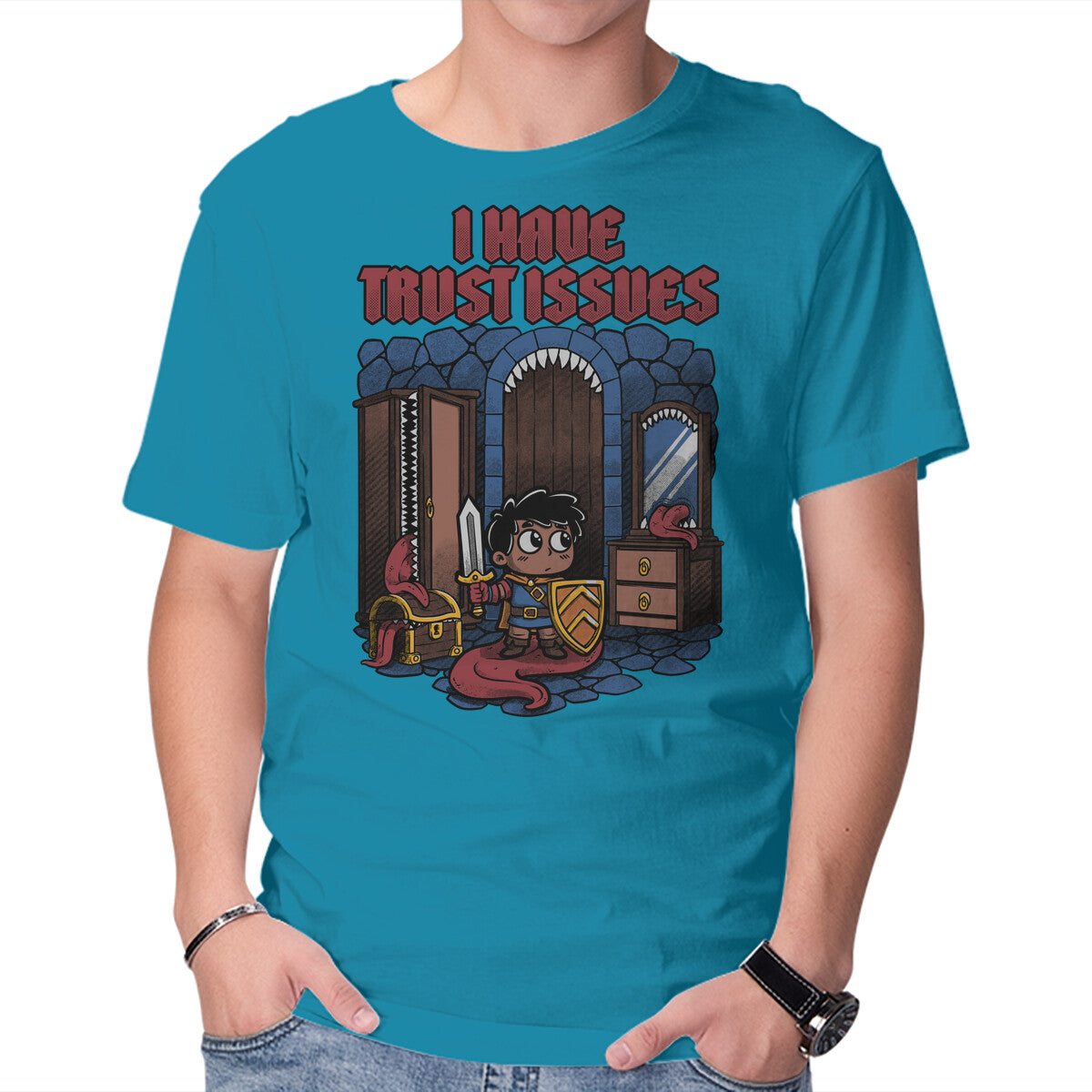 RPG Trust Issues – Gaming Graphic T-Shirt in turquoise, product display