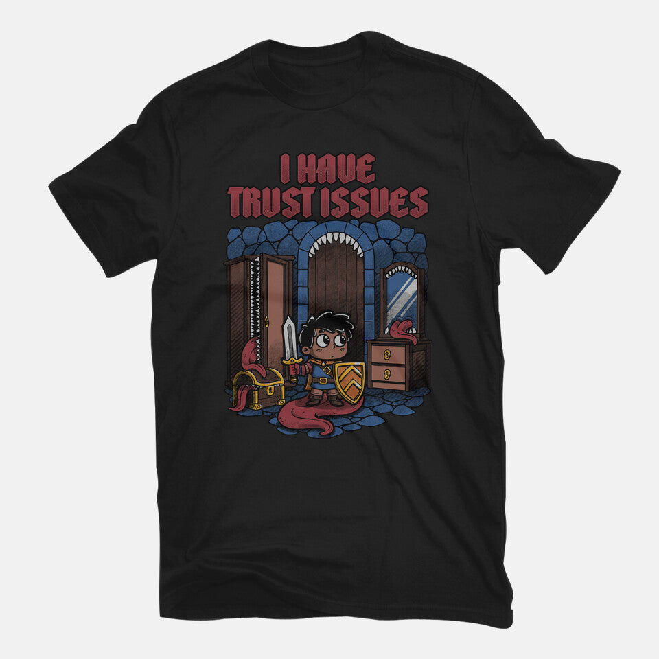 RPG Trust Issues – Gaming Graphic T-Shirt in black, flat-lay product view