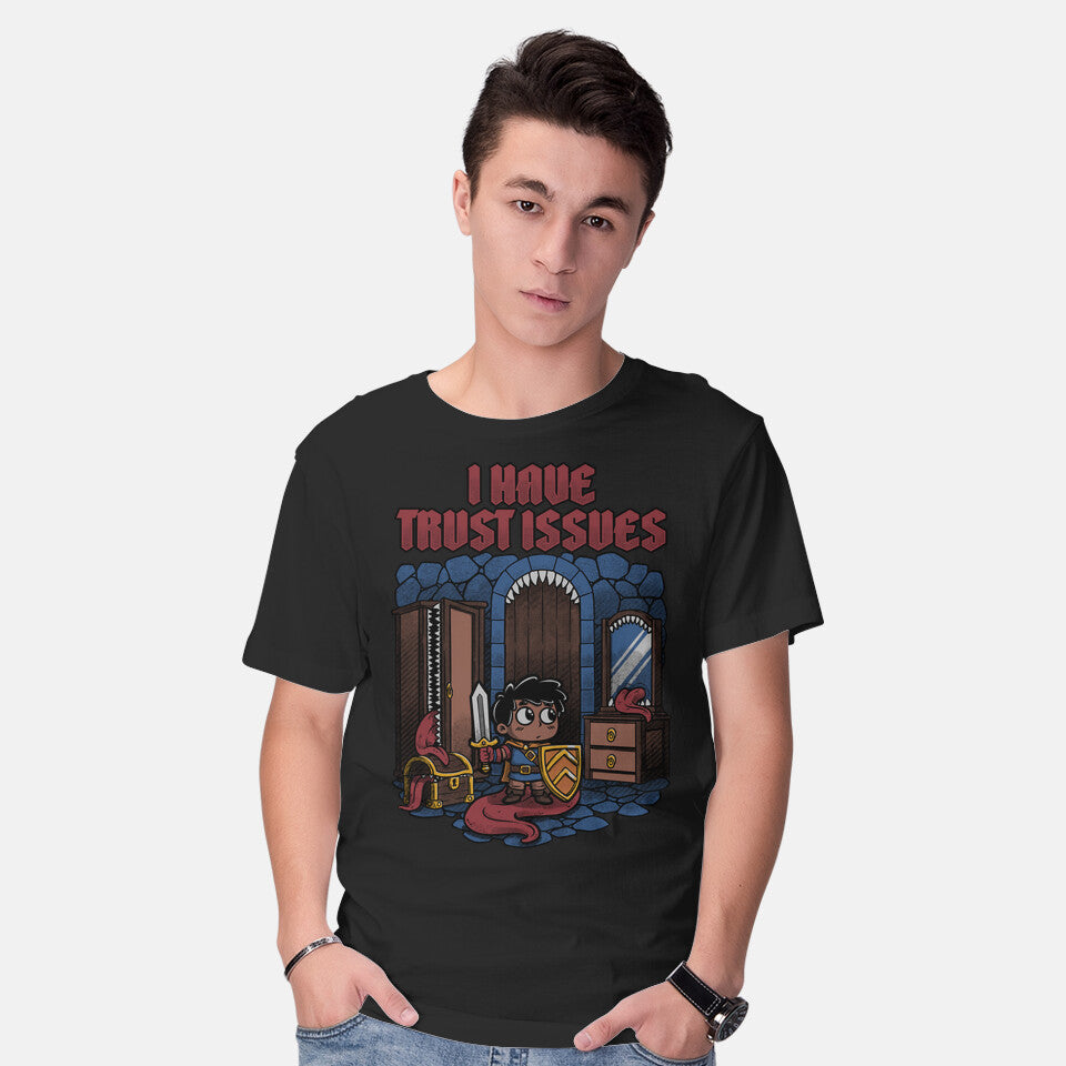Model wearing black RPG Trust Issues – Gaming Graphic T-Shirt