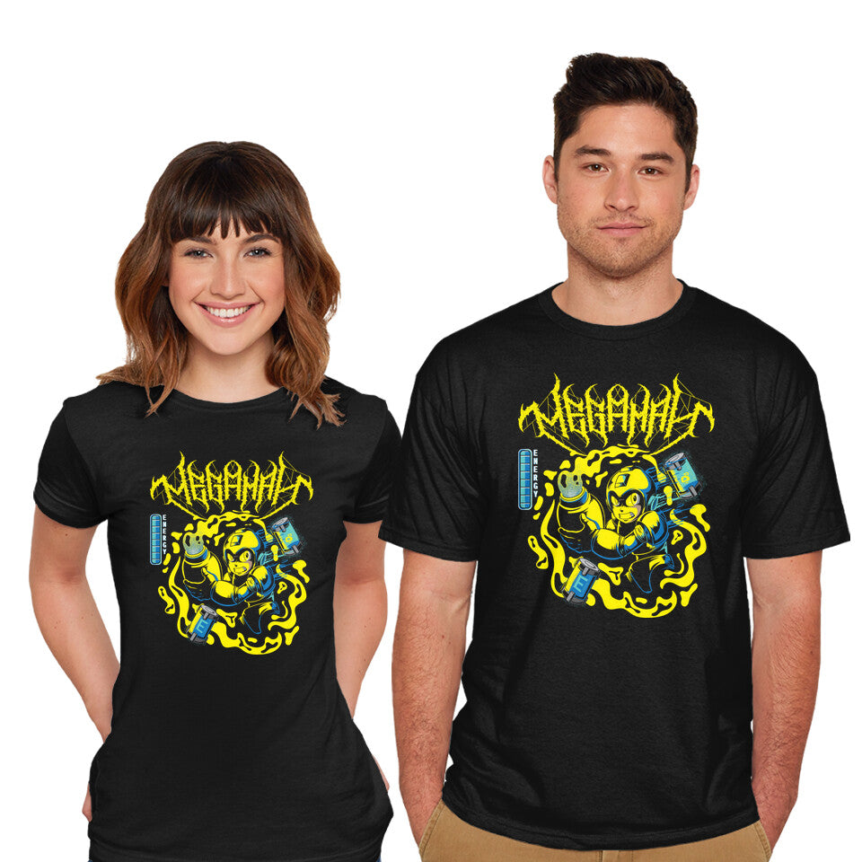 Model wearing black Megaman Energy – Gaming Graphic T-Shirt