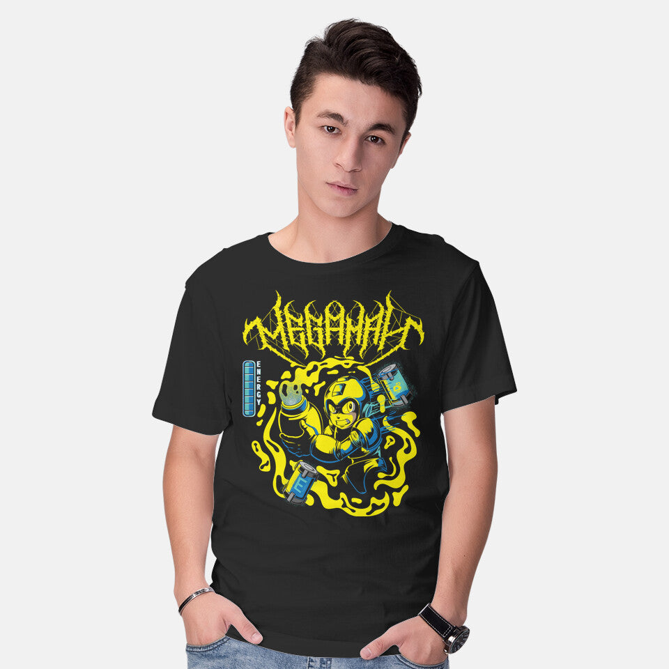 Model wearing black Megaman Energy – Gaming Graphic T-Shirt