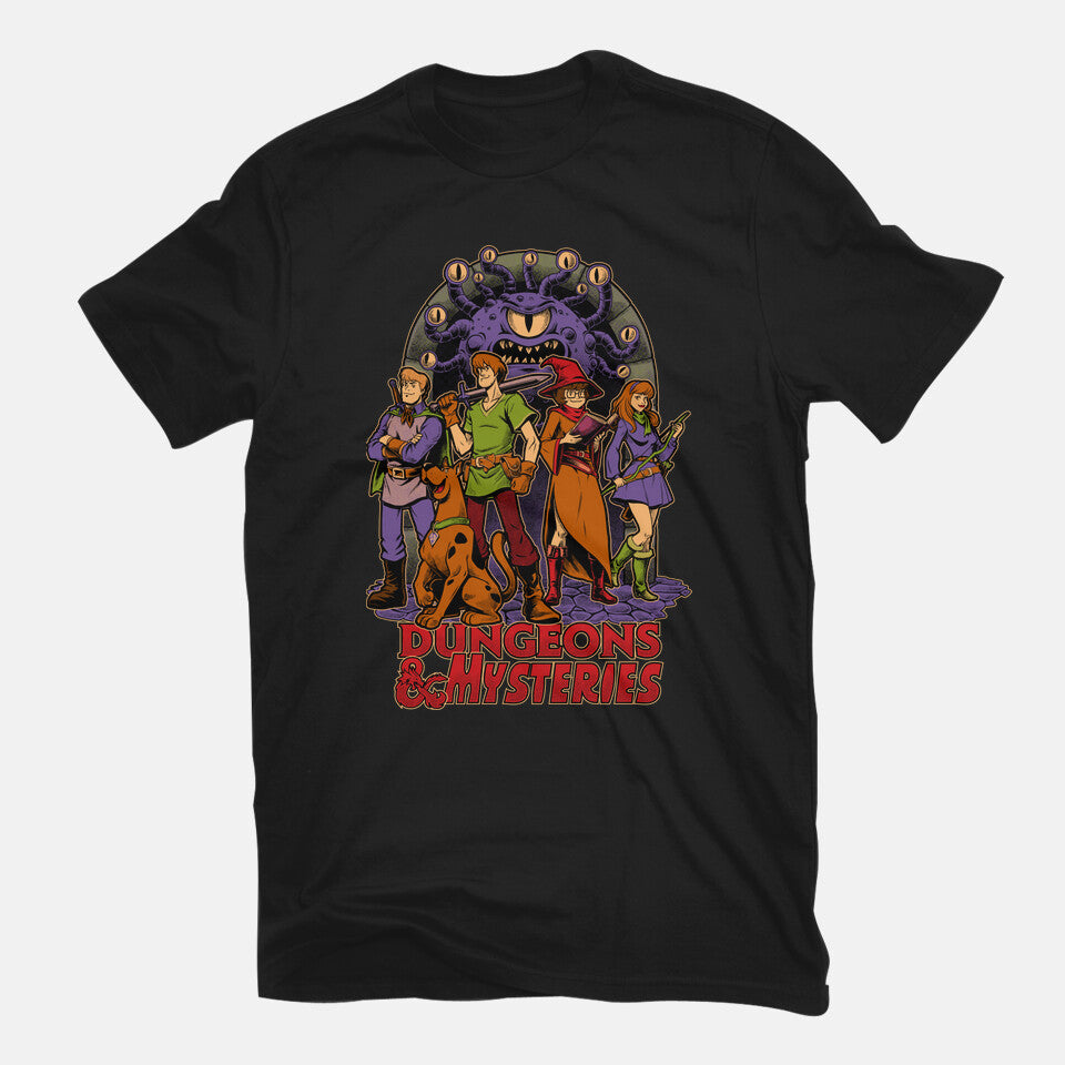 Dungeons And Mysteries – Fantasy Graphic T-Shirt in black, flat-lay product view