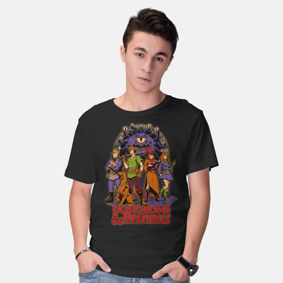Model wearing black Dungeons And Mysteries – Fantasy Graphic T-Shirt