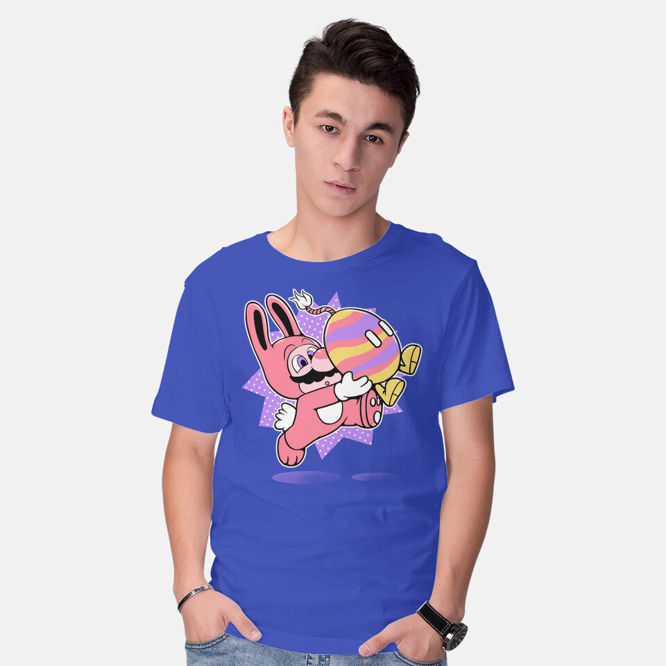 Model wearing royal blue Super Easter Egg – Gaming Graphic T-Shirt