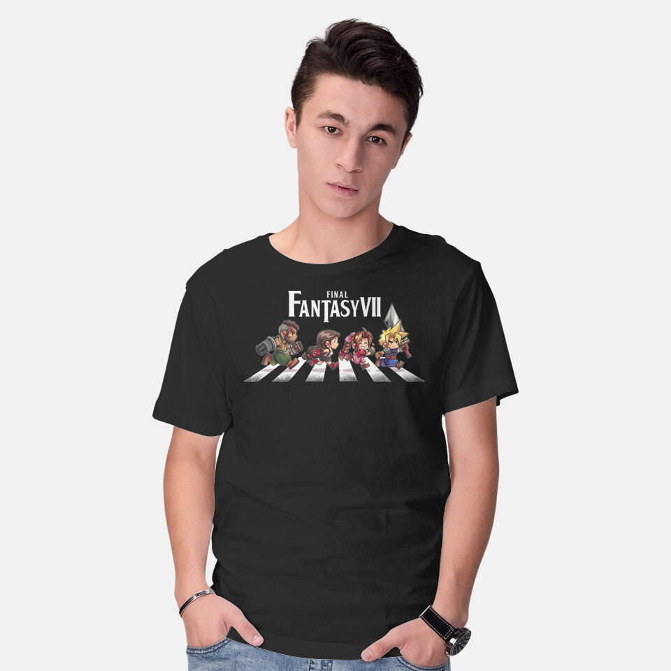Model wearing black FFVII Road – Gaming Graphic T-Shirt