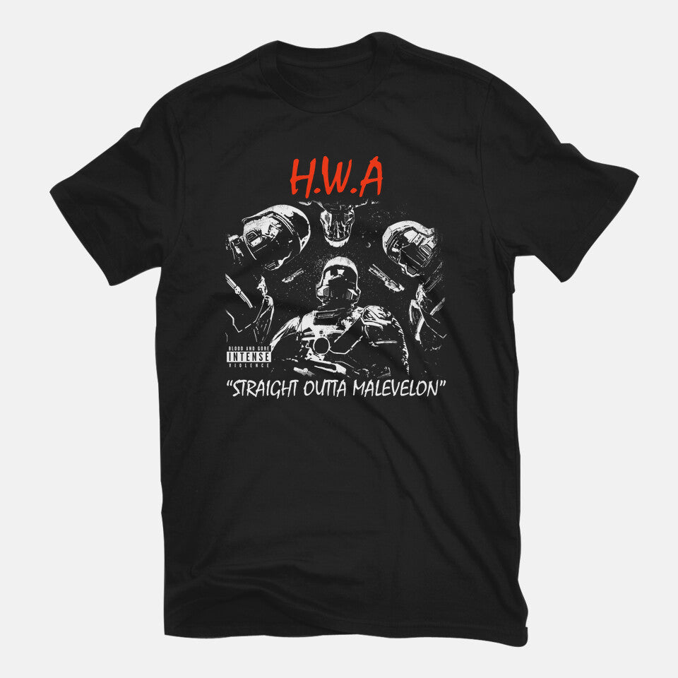 HWA Straight Outta Malevelon – Gaming Graphic T-Shirt in black, flat-lay product view