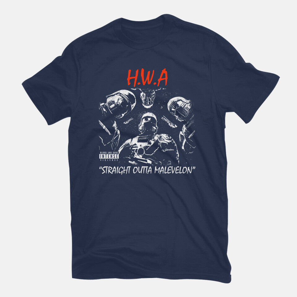 HWA Straight Outta Malevelon – Gaming Graphic T-Shirt in navy, flat-lay product view
