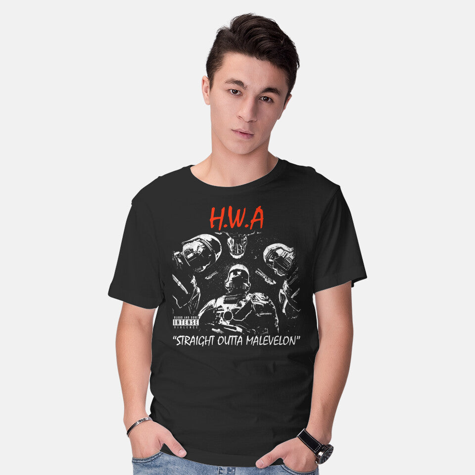 Model wearing black HWA Straight Outta Malevelon – Gaming Graphic T-Shirt
