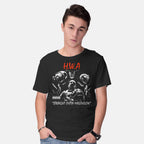 Model wearing black HWA Straight Outta Malevelon – Gaming Graphic T-Shirt