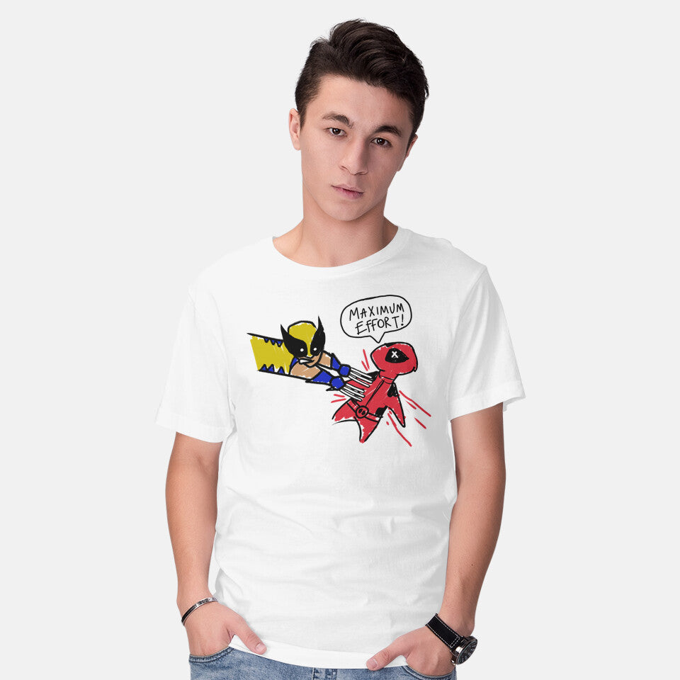 Model wearing white Maximum Effort – Movie Graphic T-Shirt