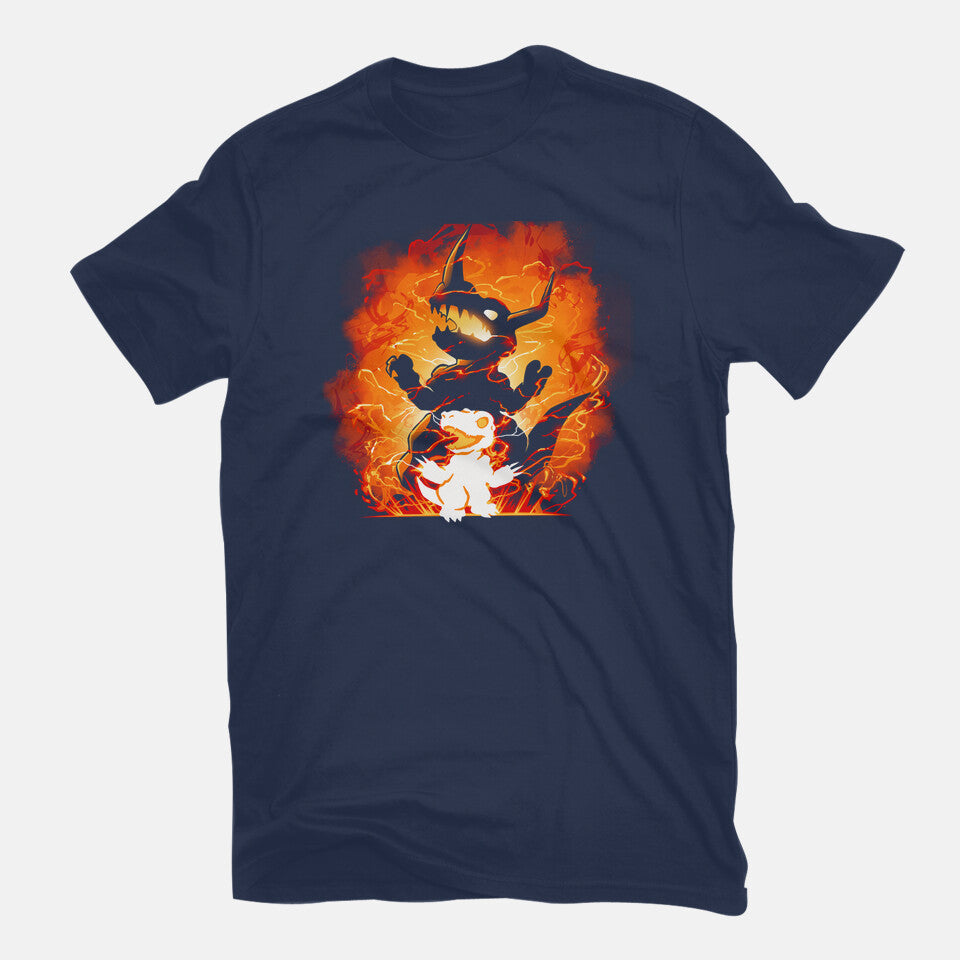 Fire Evolution – Anime Graphic T-Shirt in navy, flat-lay product view
